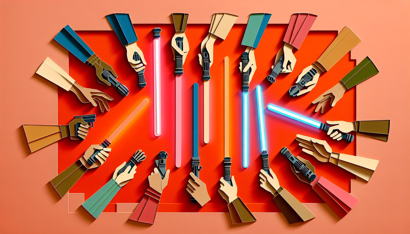 Paper art coral background with multicolor lightsaber silhouettes swirling around central quiz header