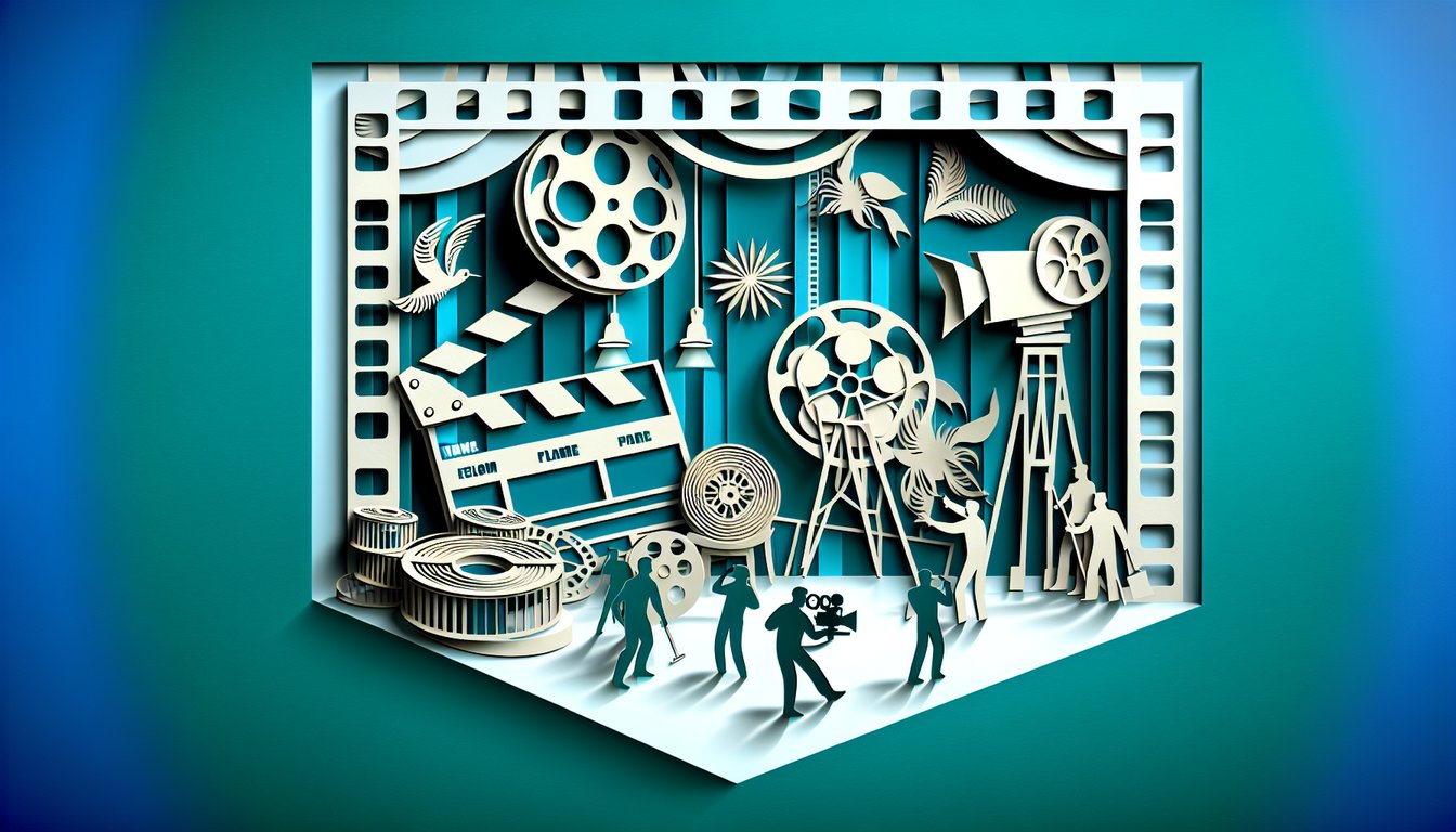 Paper art illustration of Bollywood silhouettes and film reels framing quiz title on teal background