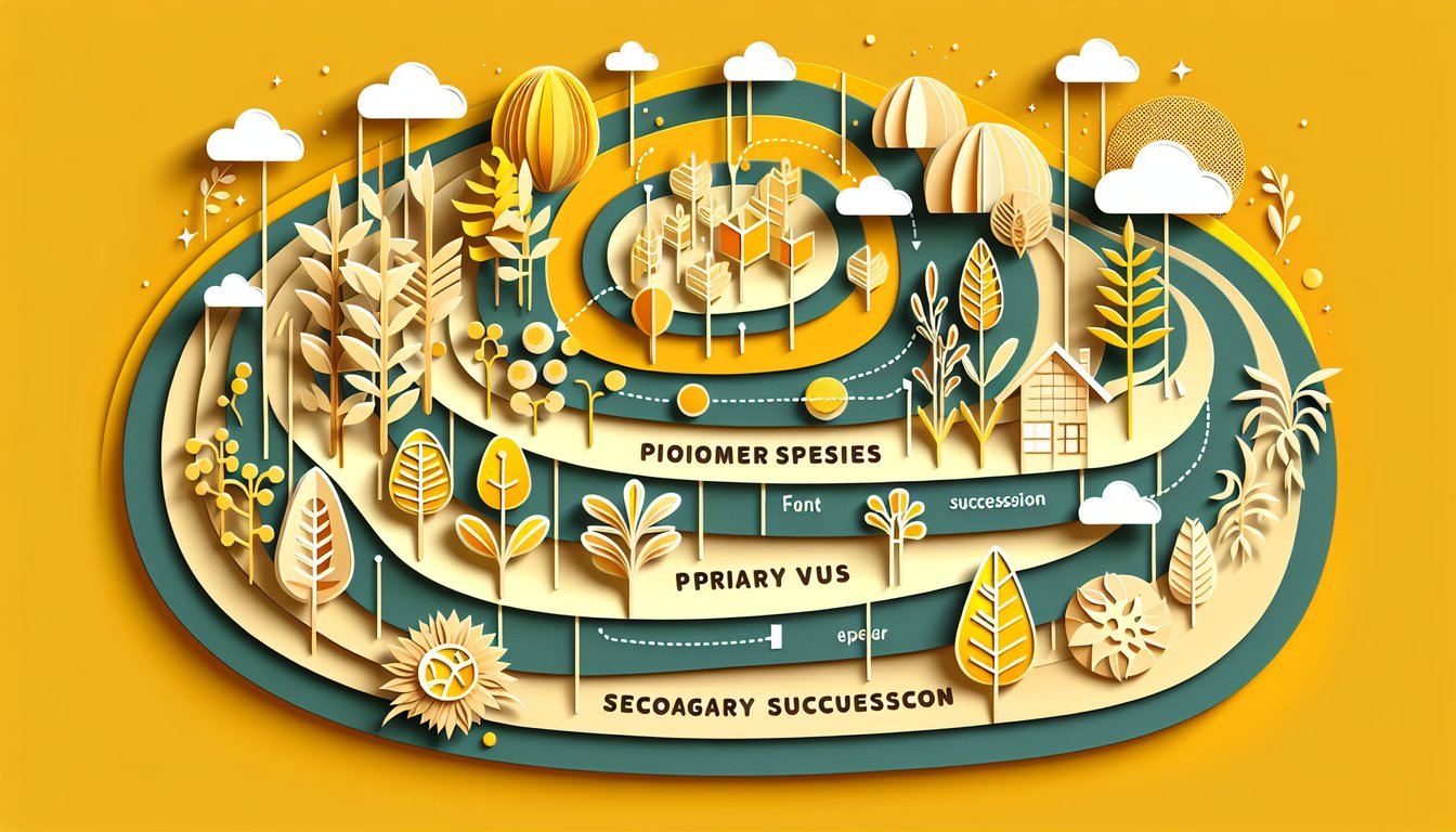 Paper art showing ecological succession stages from bare rock to grasses, shrubs and trees on golden yellow background