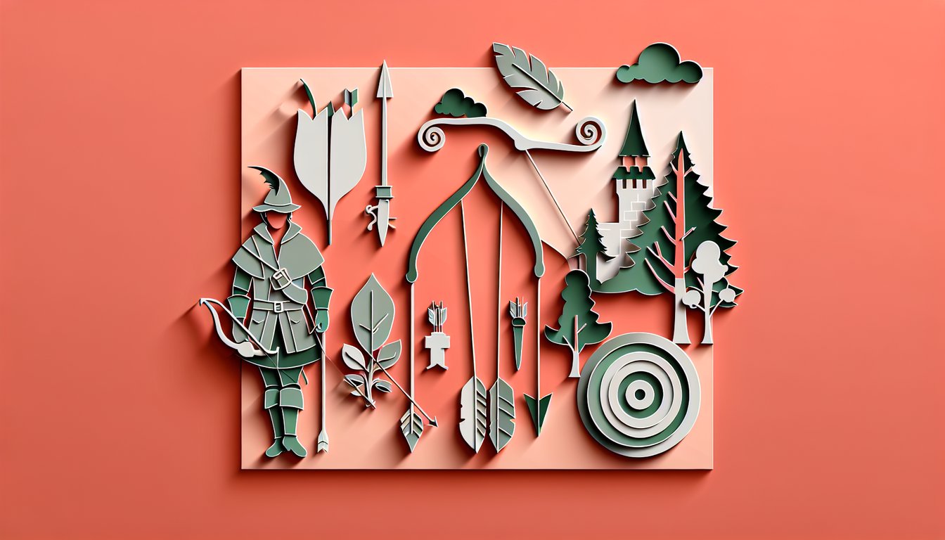 Paper art illustration of Robin Hood archer forest castle coins on coral background for free friends and foes quiz