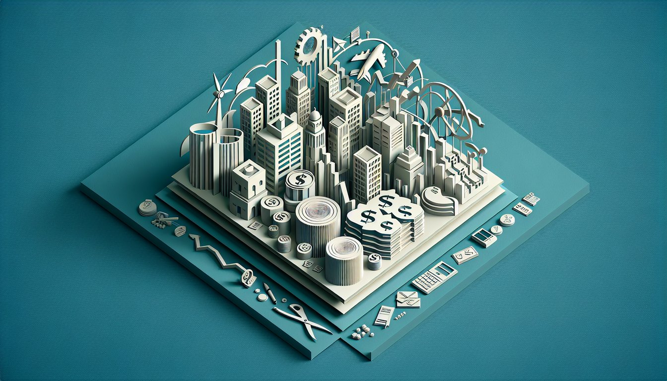 Paper art illustration showing economics icons coins chart book and arrow for opportunity cost quiz on teal background