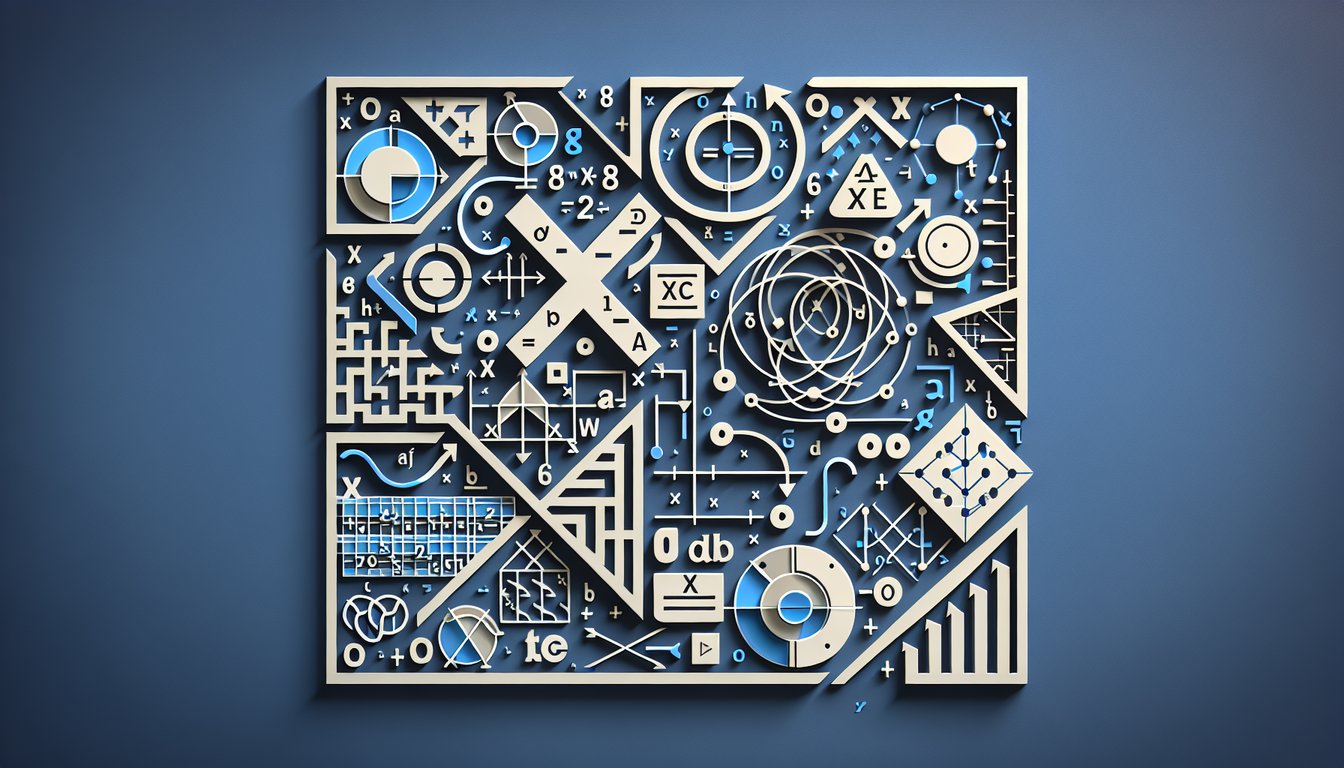 Paper art puzzle shapes and function symbols on dark blue background for composite functions quiz