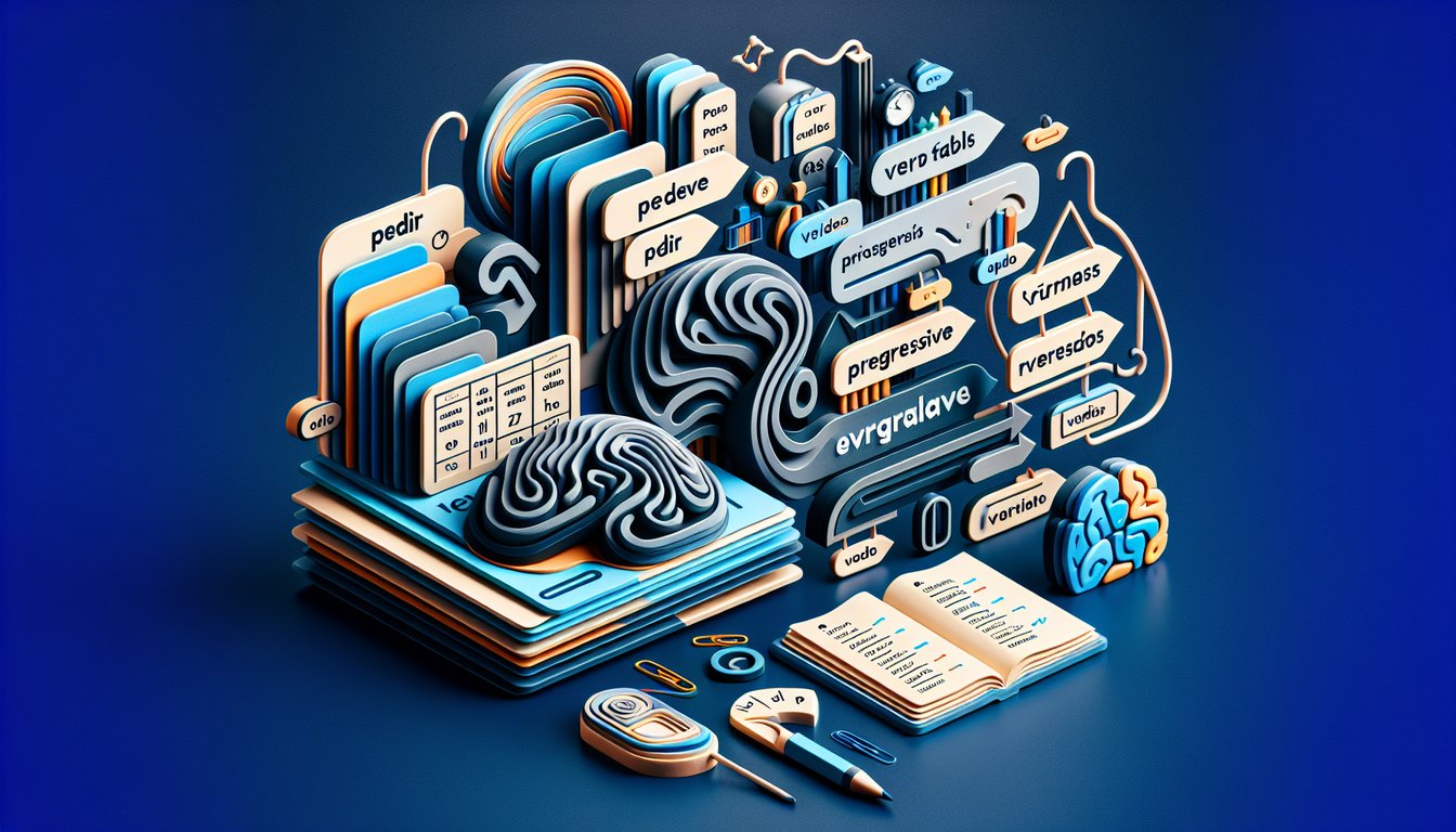 Paper art illustration of Spanish present progressive irregulars quiz, dark blue background, verbs like pedir