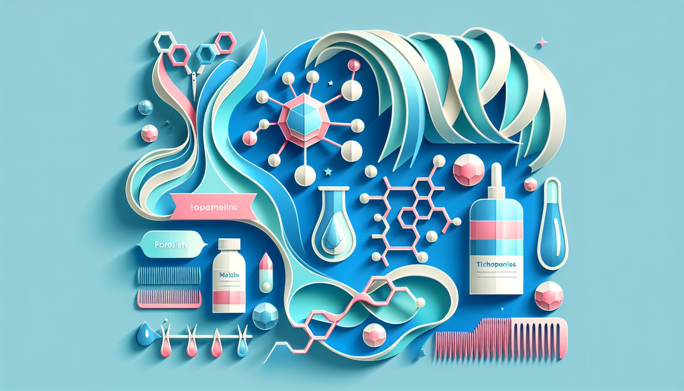 Paper art illustration of hair strands and quiz symbols for hair protein porosity and trichoptilosis on sky blue background.