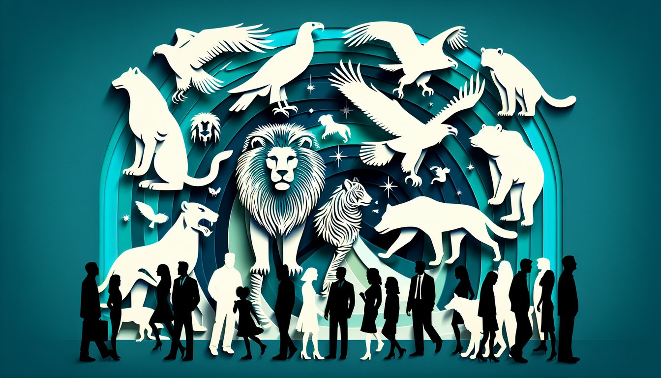 Paper art illustration for theriotype quiz on a teal background.