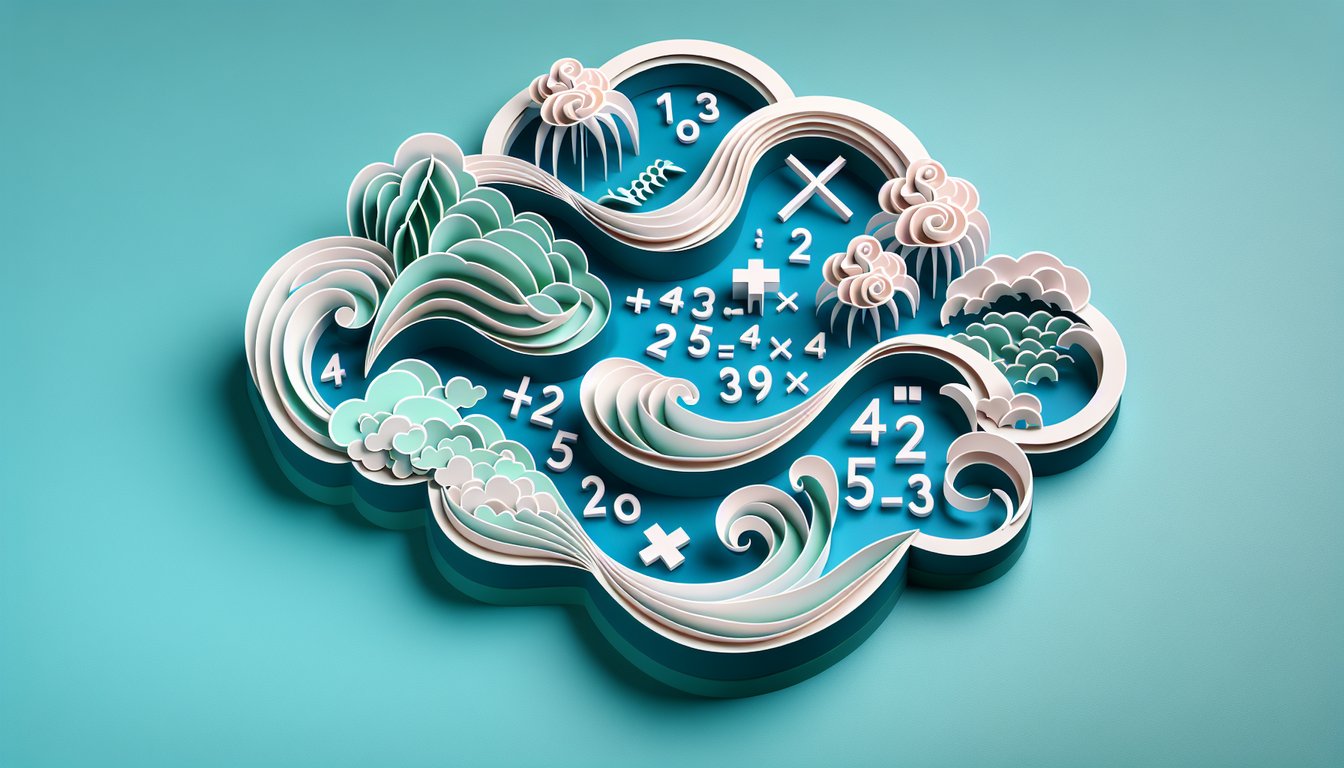 Colorful paper art third grade math quiz with numbers multiplication symbols on teal background playful learning theme