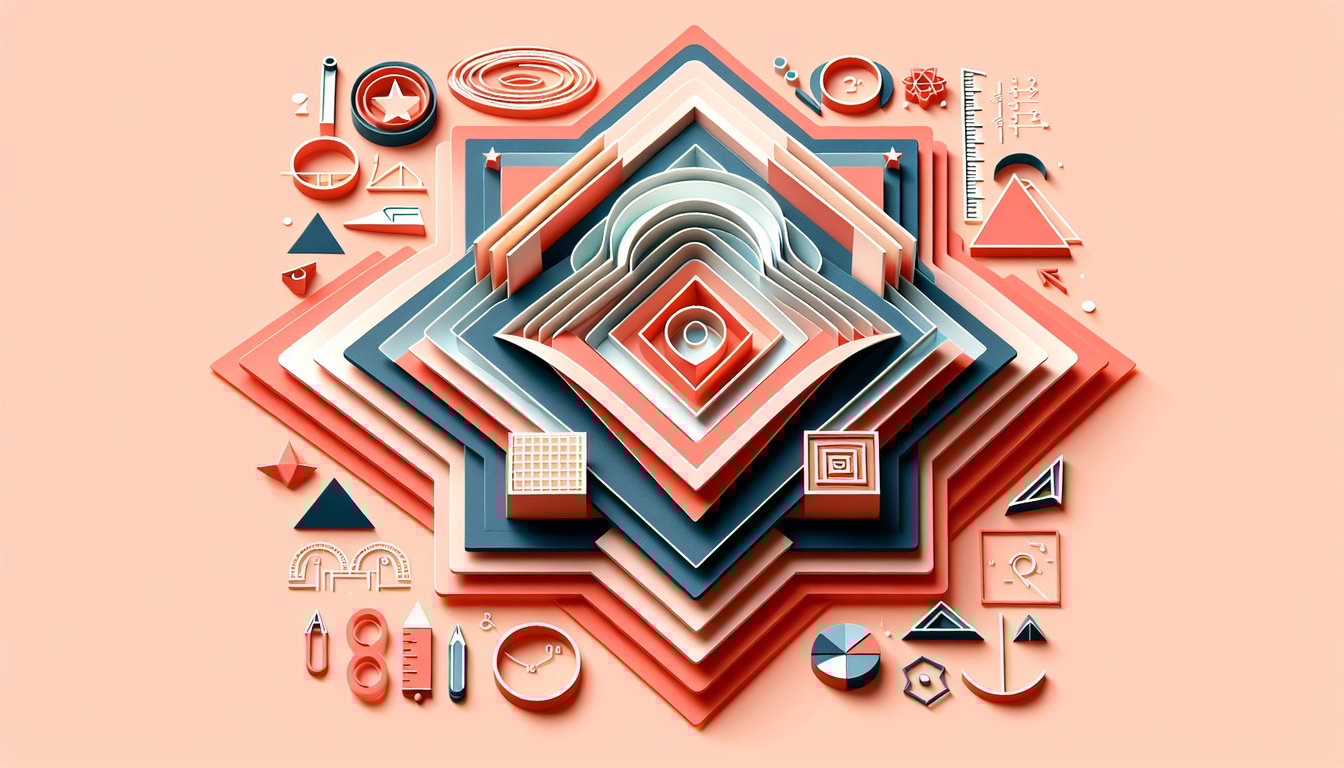 Paper art style geometry vocabulary quiz featuring rays, angles, shapes on a coral background