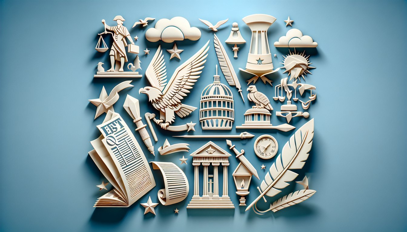 Paper art collage of colonial scroll quill and book on sky blue background promoting free AP US History quiz