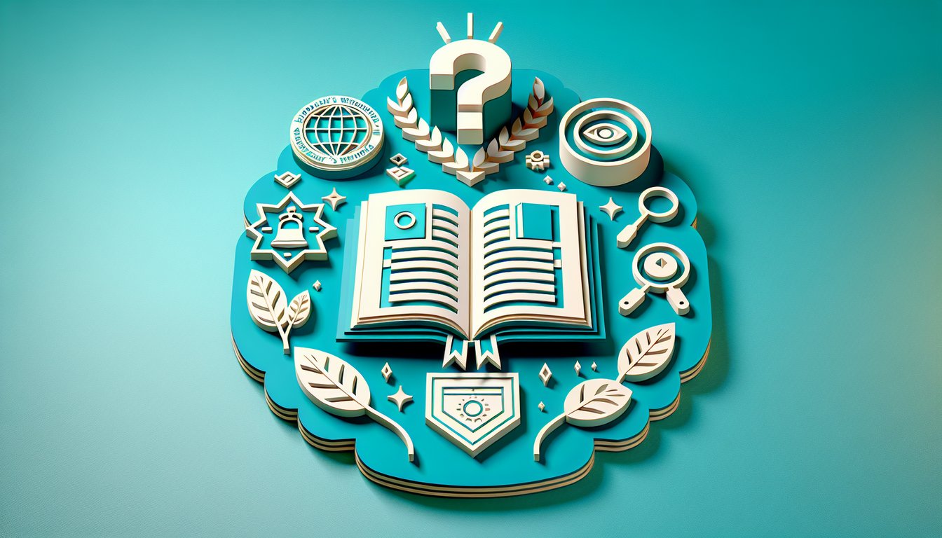 Paper art illustration of Jehovahs Witnesses Bible trivia with quiz cards question marks, speech bubbles on teal background