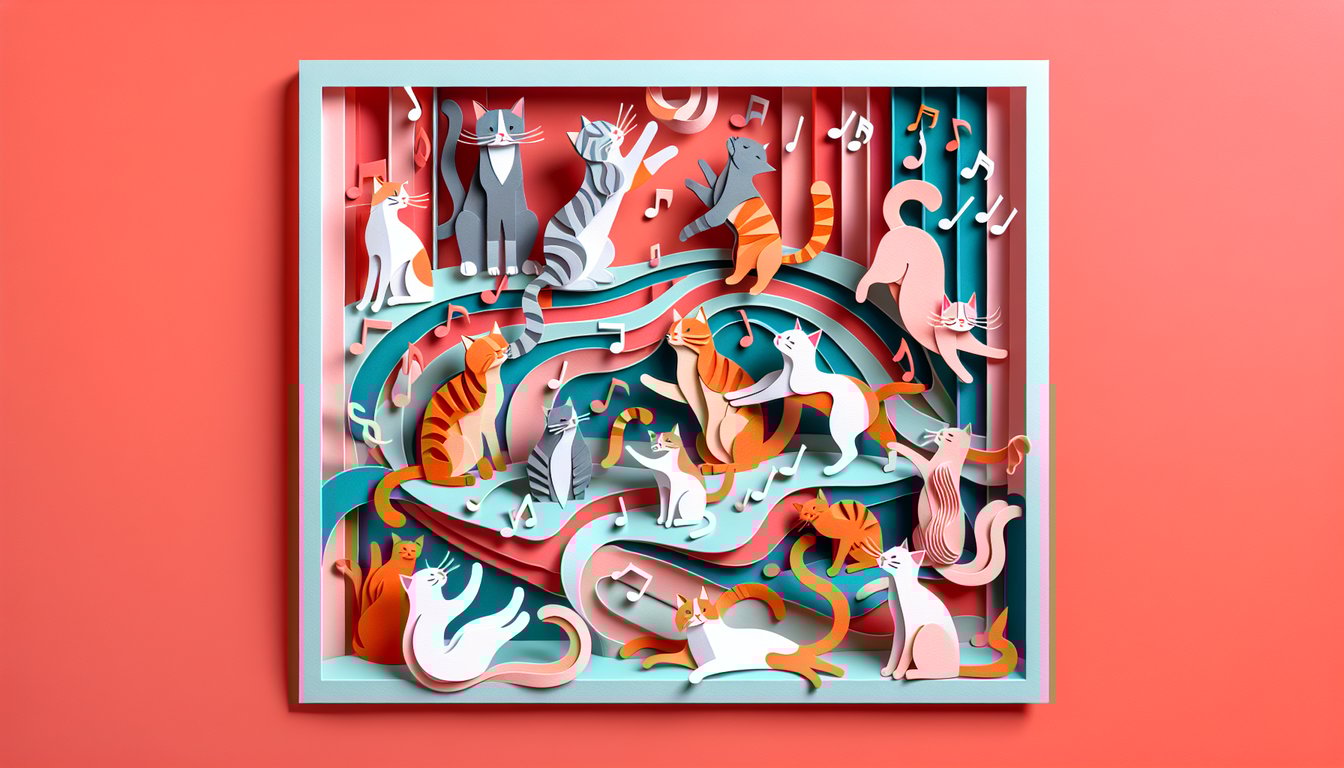 Paper art illustration of layered cat silhouettes and musical notes on coral background for a Cats musical personality quiz.