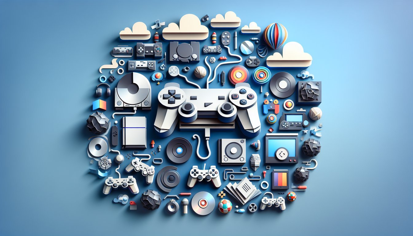 Paper art illustration of retro and modern controllers on sky blue background for PlayStation trivia quiz