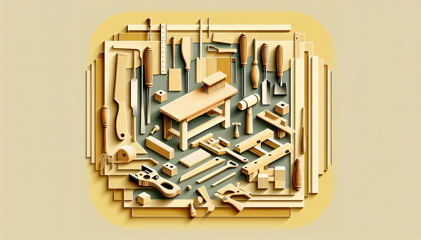 Paper art illustration of joinery tools and wood pieces on golden yellow background for woodworking skills quiz