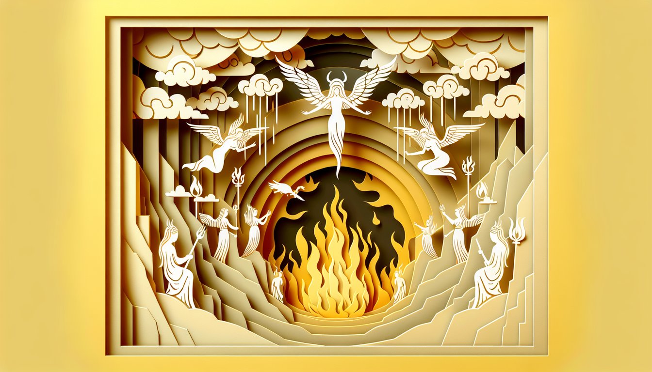 Paper art illustration of Erinyes quiz card featuring Greek Furies and underworld lore icons on golden yellow background