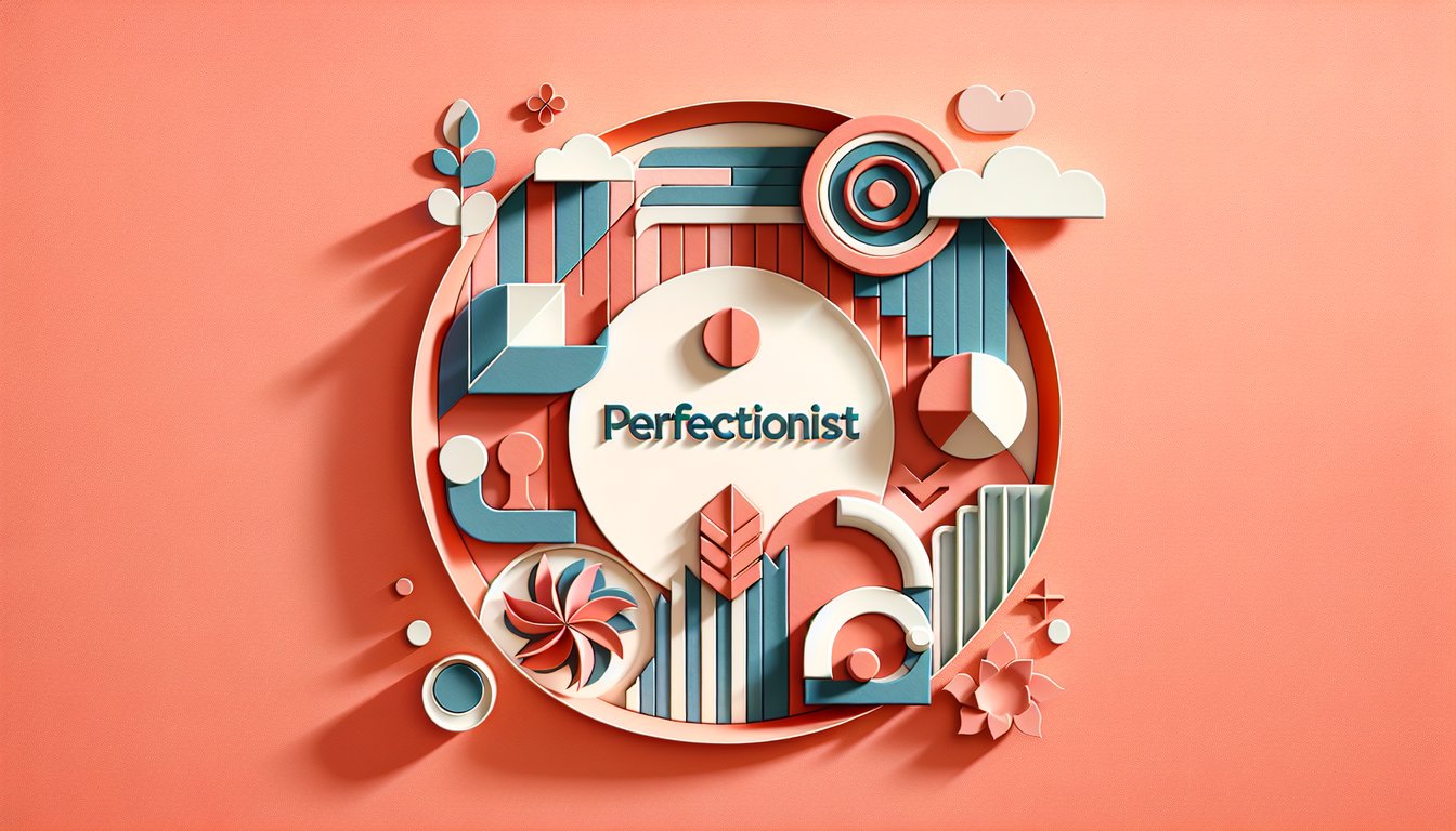 Paper art illustration for a perfectionism quiz on a coral background