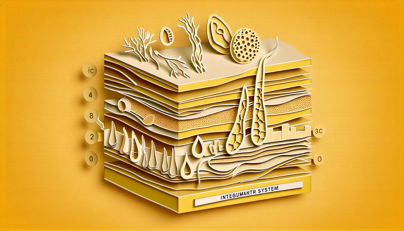 Paper cut art of stylized skin layers with labels and icons on golden yellow background for integumentary system quiz