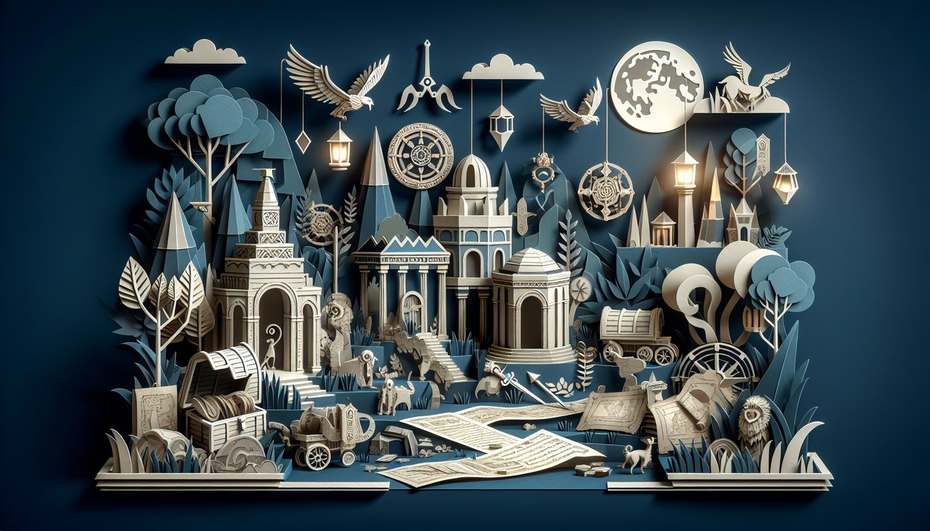 Paper art illustration with stylized Hyrule castle islands and quiz text about BOTW secrets on dark blue background