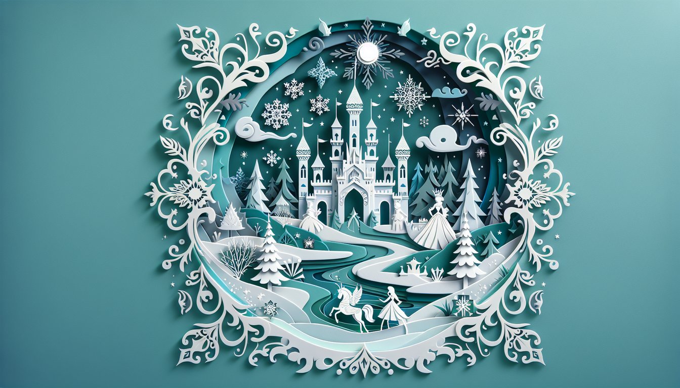 Paper art illustration for Frozen movie trivia quiz on teal background
