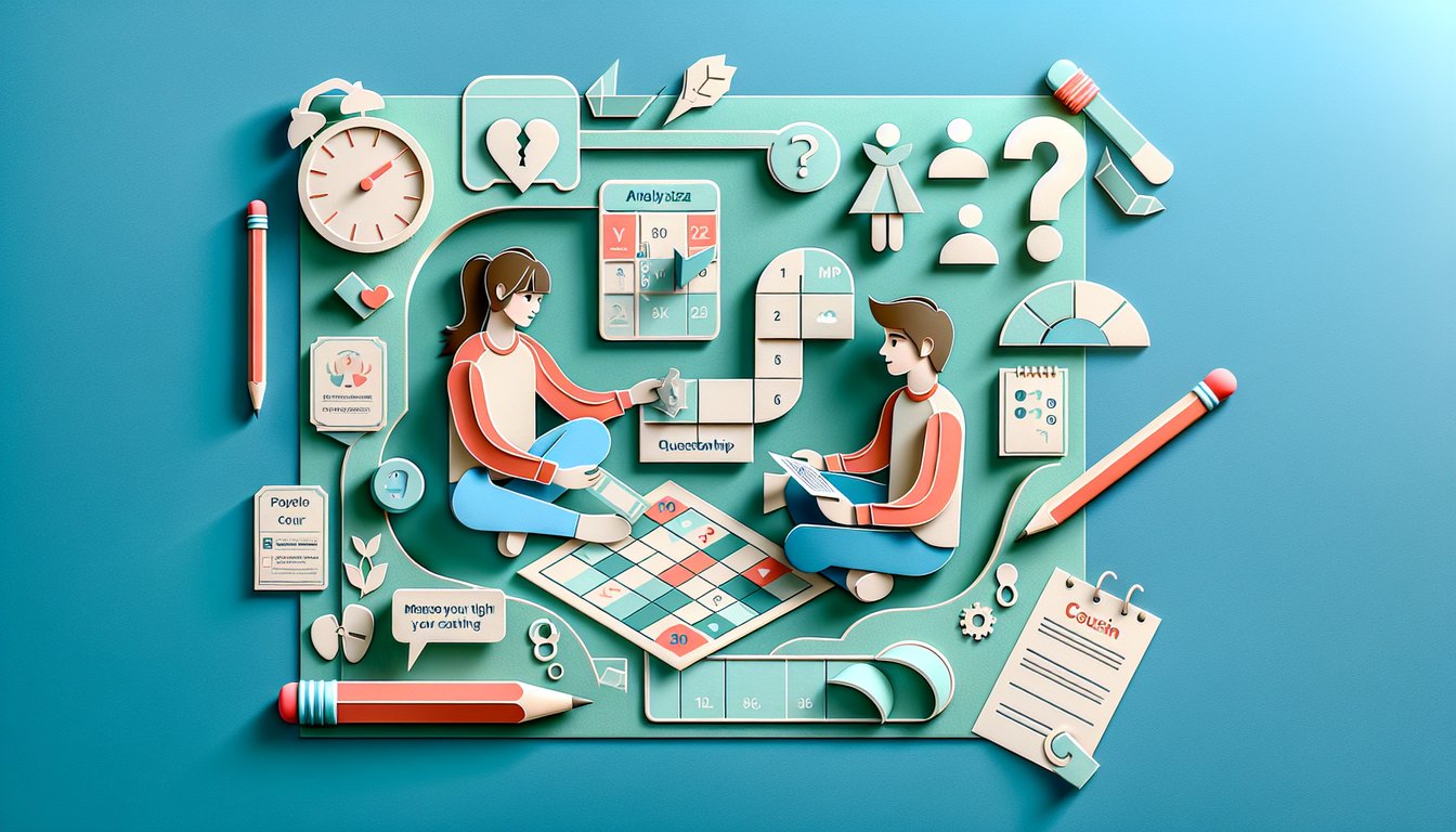 Paper art illustration for cousin affection quiz on teal background