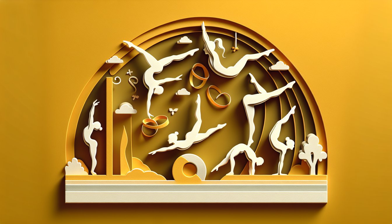 Paper art illustration for gymnastics levels quiz on a golden yellow background