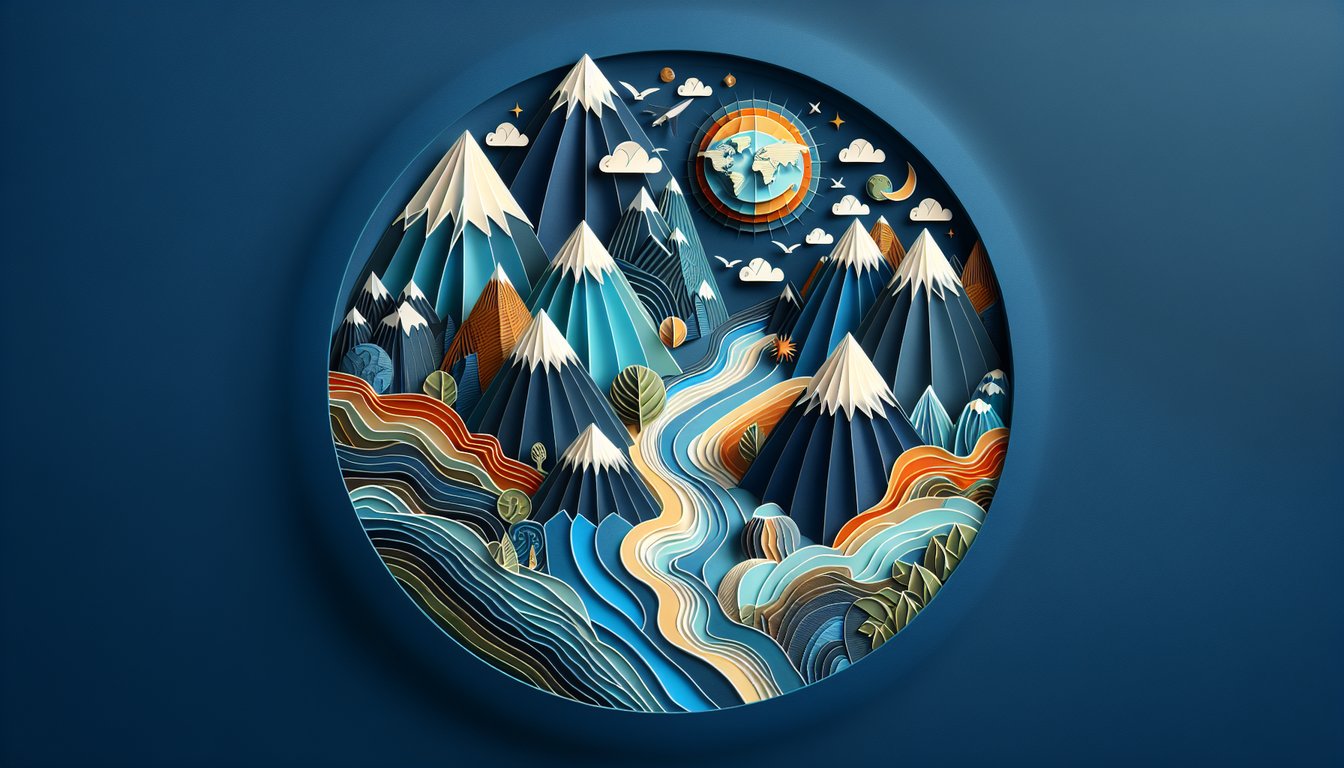 Colorful paper art promoting Geo Feature Facts educational trivia for students