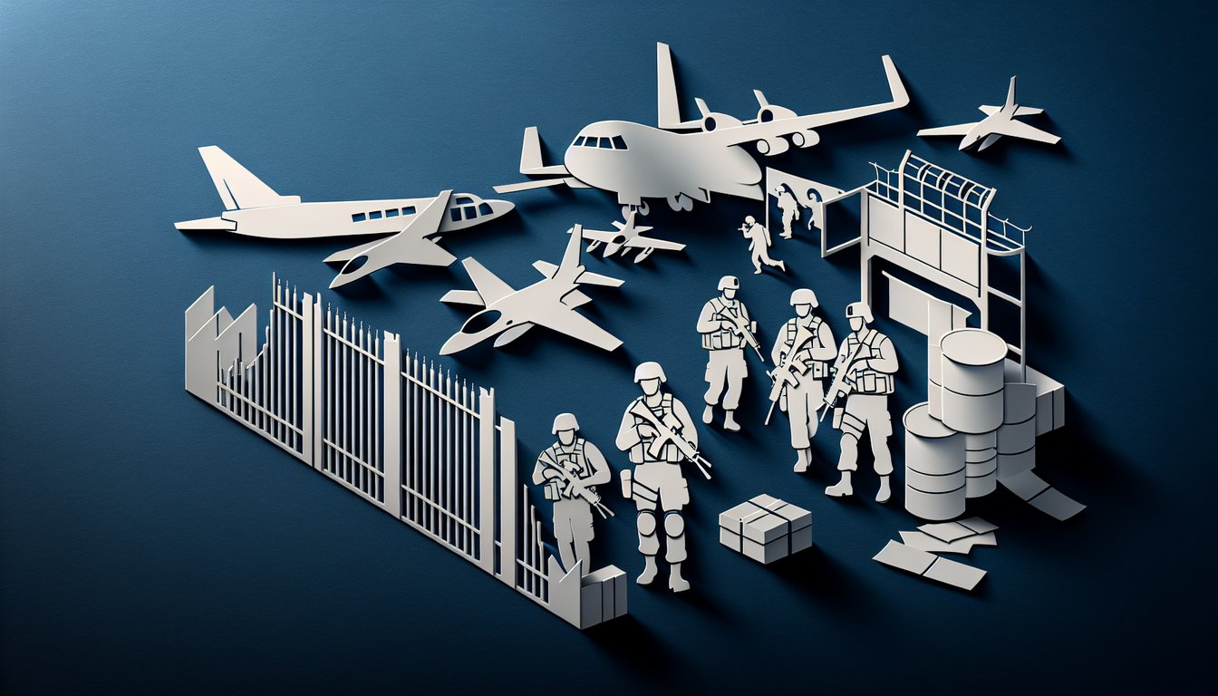 Paper art US Air Force Security Forces quiz graphic with badge shield and duty icons on dark blue background