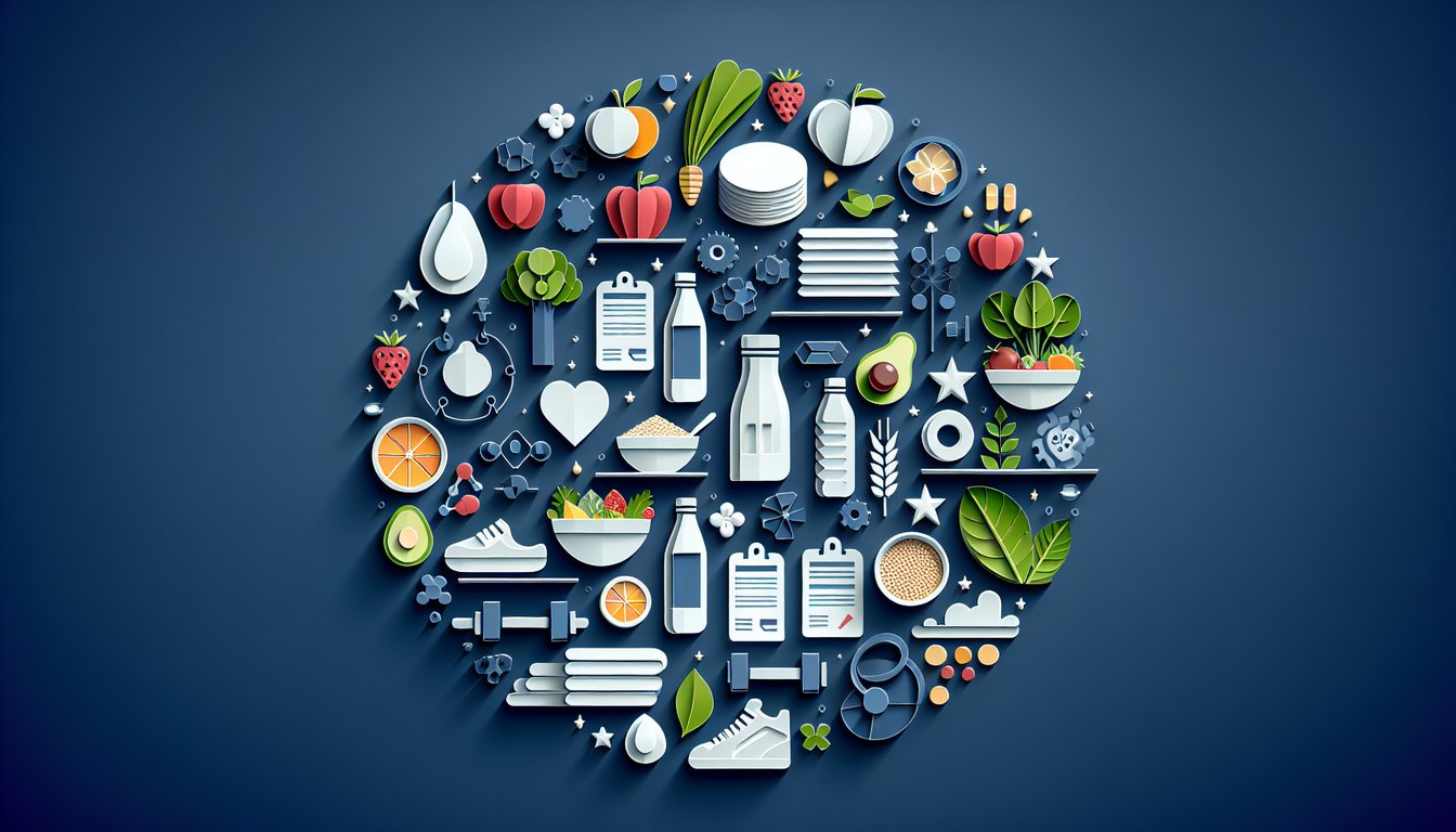 Paper art illustration for a free nutrition quiz on a dark blue background.