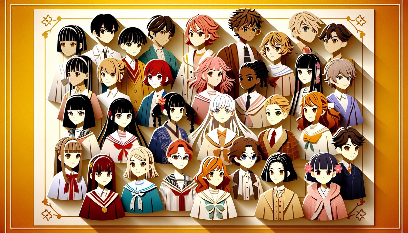Anime girl paper art for a vibe-matching quiz on a golden yellow background