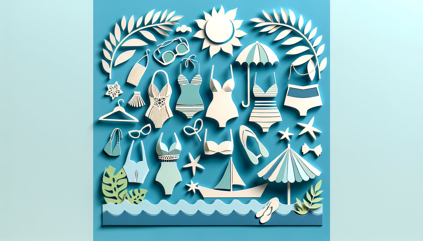 Paper cut art of diverse swimsuit shapes floating on a sky blue background suggesting a body type quiz