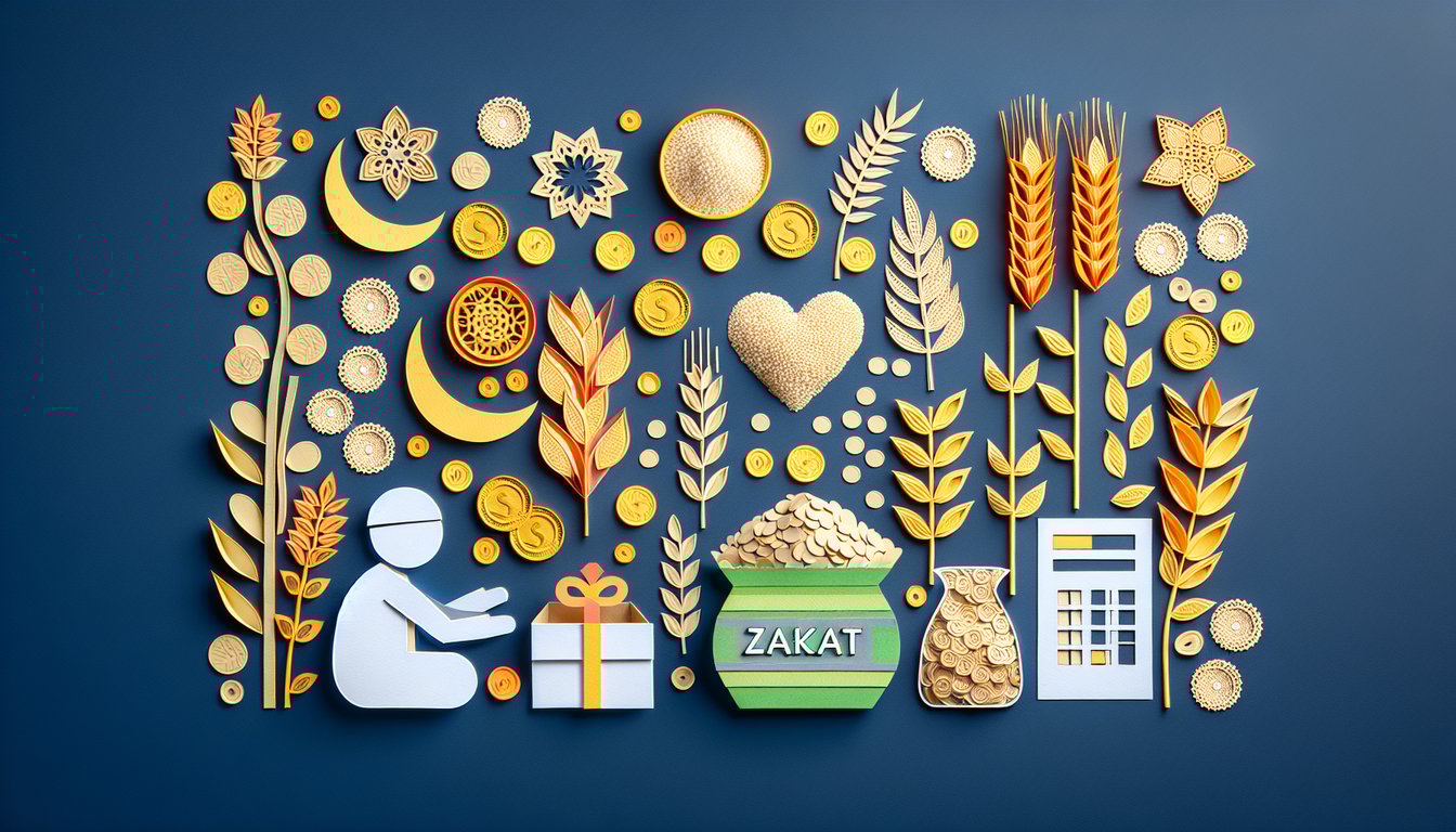Colorful paper art depicting elements related to Zakat Calculation Quiz
