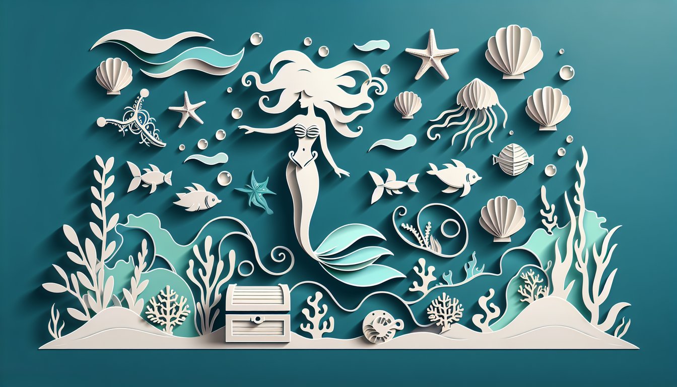 paper art mermaid and musical notes on teal background, text reading part of your world quiz in paper cut letters