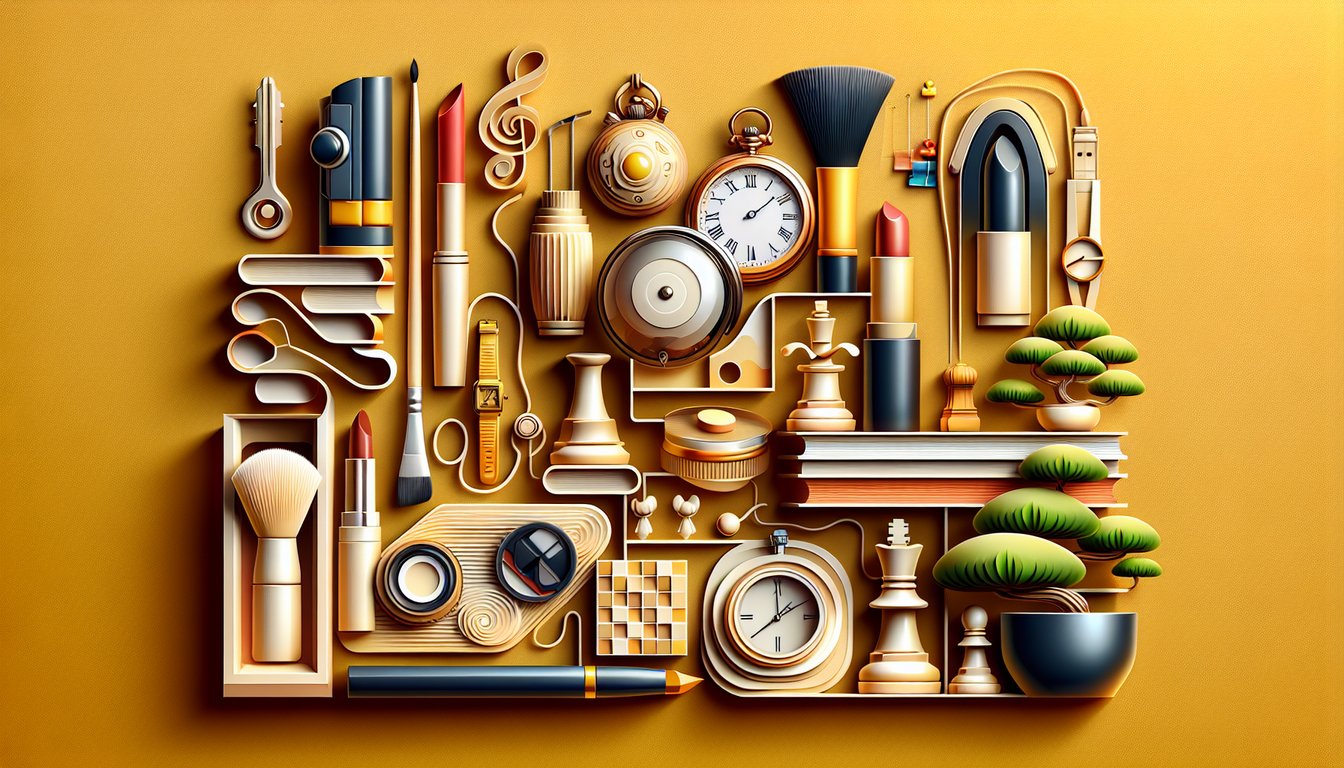 Paper art illustration with colorful shapes and random objects representing a personality quiz on a golden yellow background