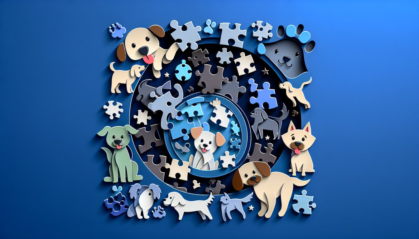 Paper art illustration for a Dog Autism Quiz on a dark blue background