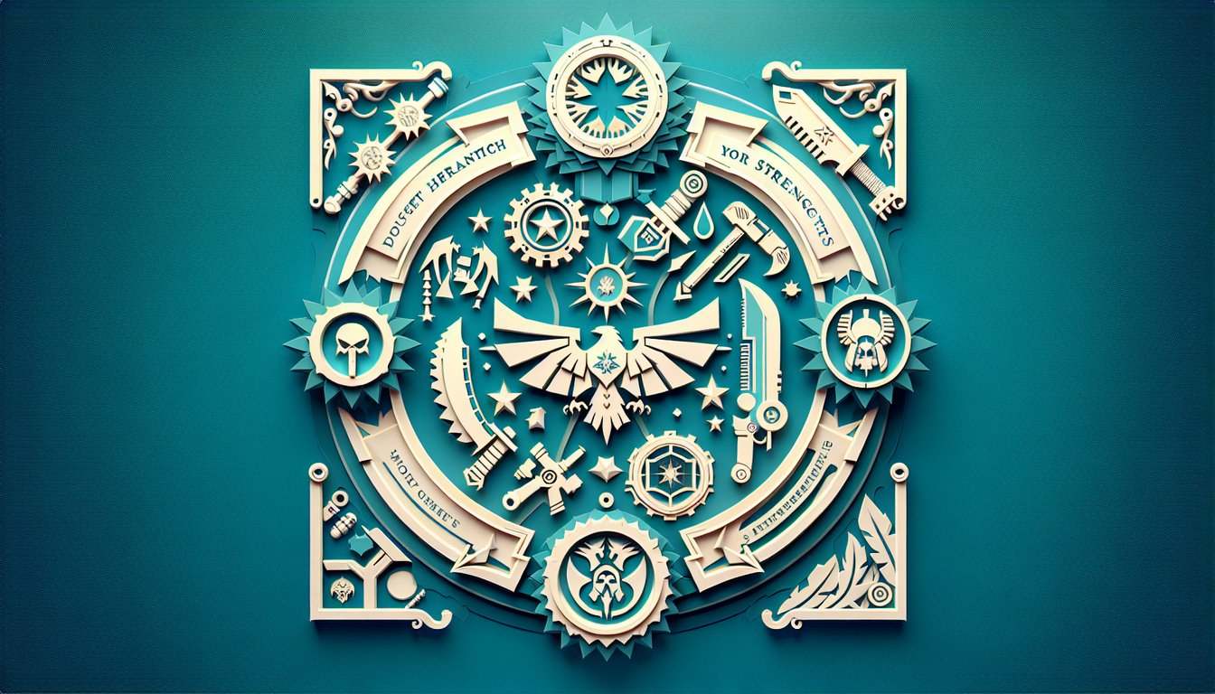 Paper art illustration for Warhammer 40k personality quiz on teal background
