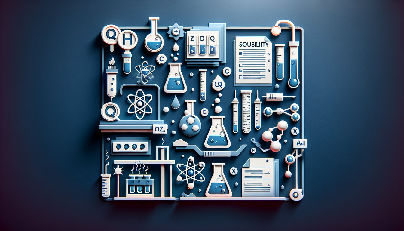 Paper art style flasks molecules text challenge yourself free solubility quiz chemistry skills fun dark blue background