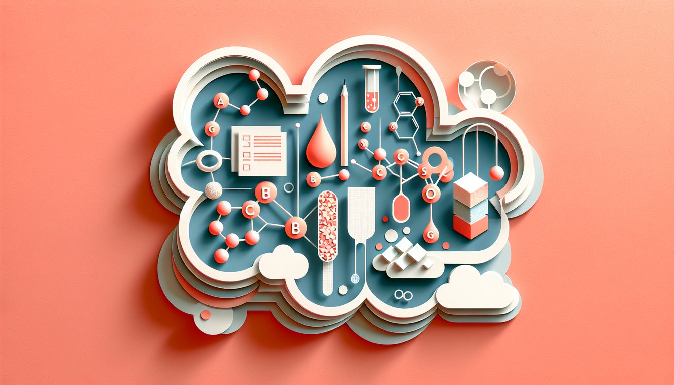 Paper art style illustration showing stylized glucose rings and starch chains with quiz prompt banner on coral background