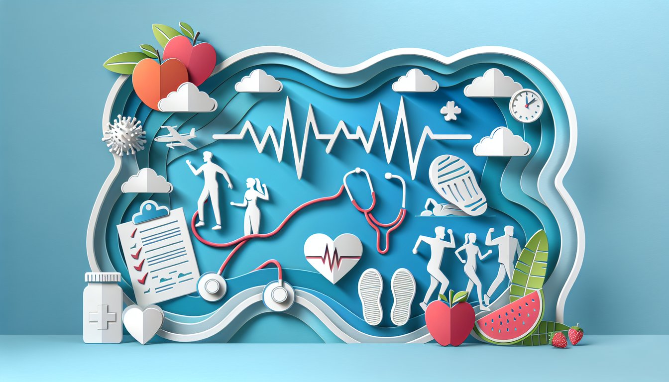 paper art illustration with health icons and quiz text on a sky blue background
