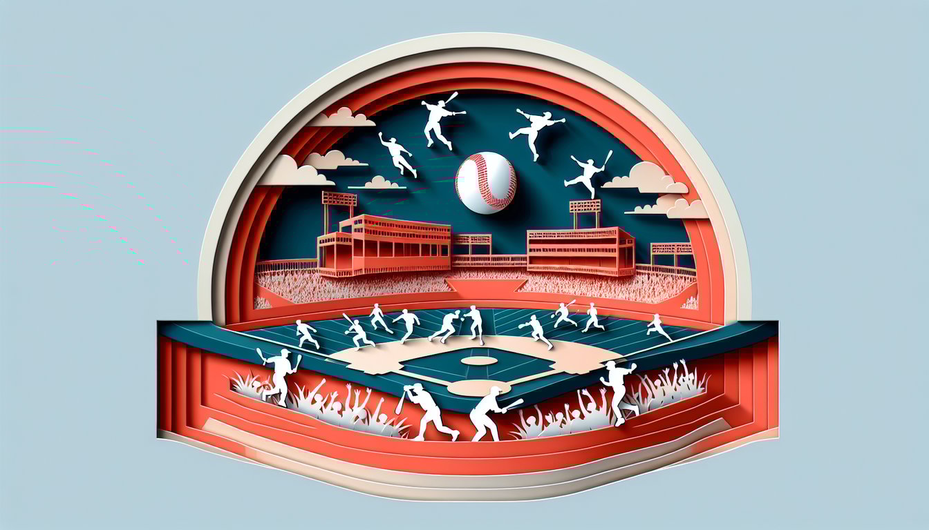 Paper art baseball quiz elements baseball bat ball glove scoreboard question marks on coral background