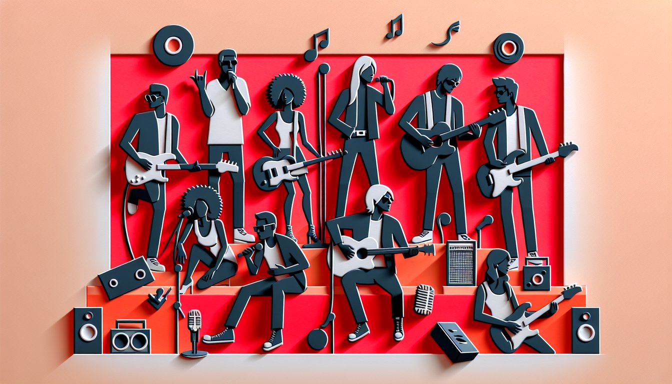 Paper cutout rock band figures and quiz title on coral background