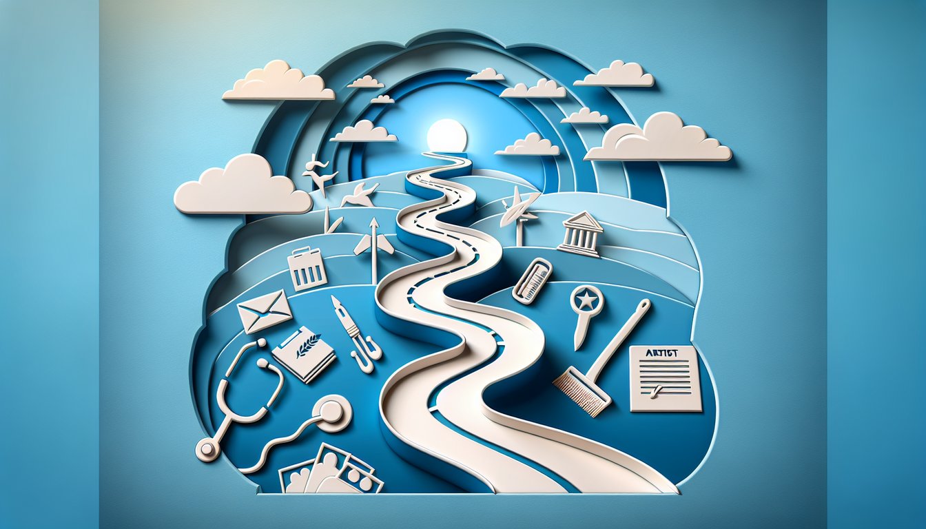 Paper art illustration for a future occupation quiz revealing your ideal job on a sky blue background.
