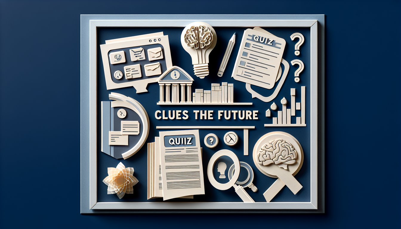 Colorful paper art promoting Clues of the Future trivia quiz for high school history students.