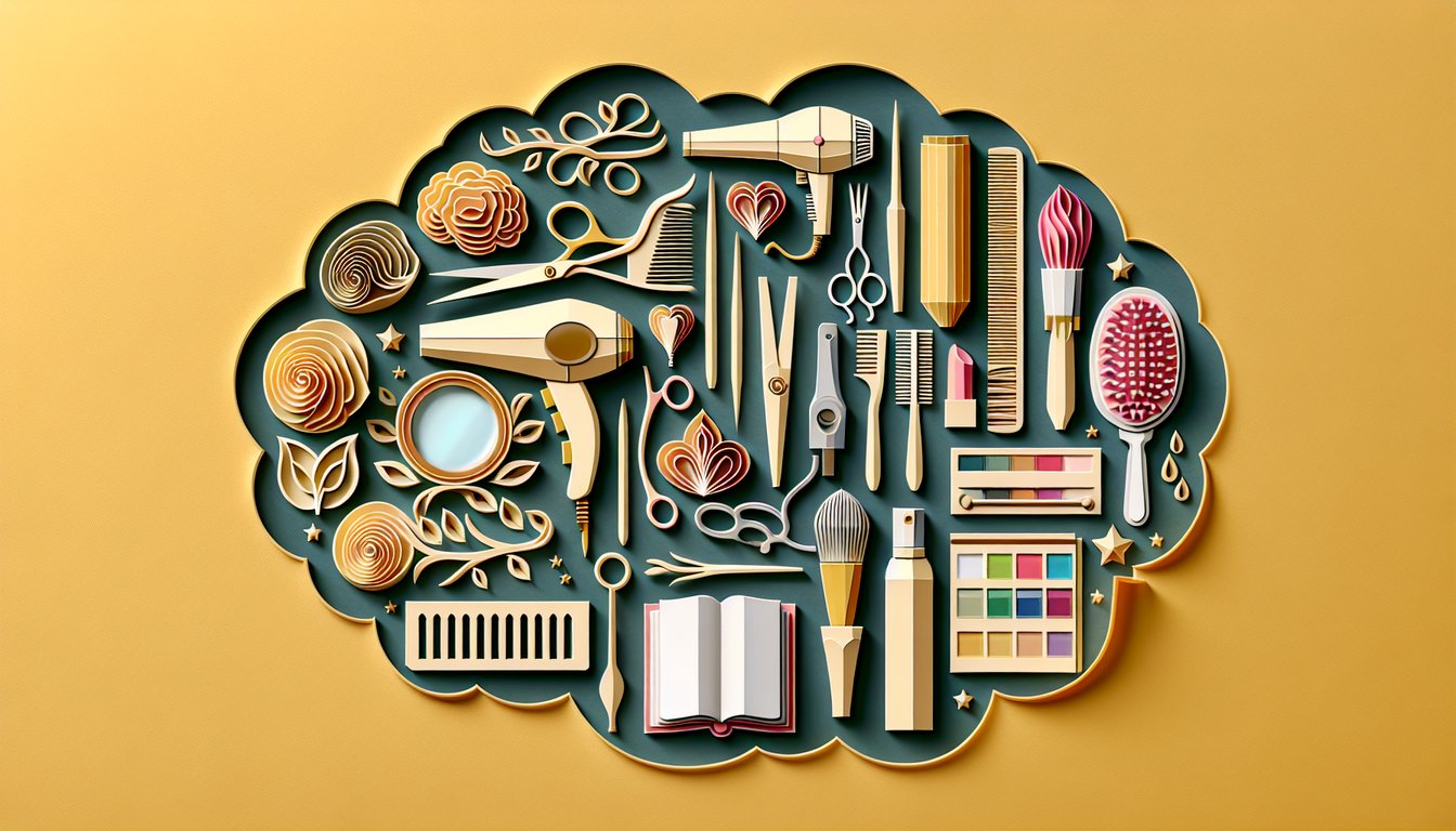 Paper art illustration for cosmetology state board practice exam quiz on a golden yellow background