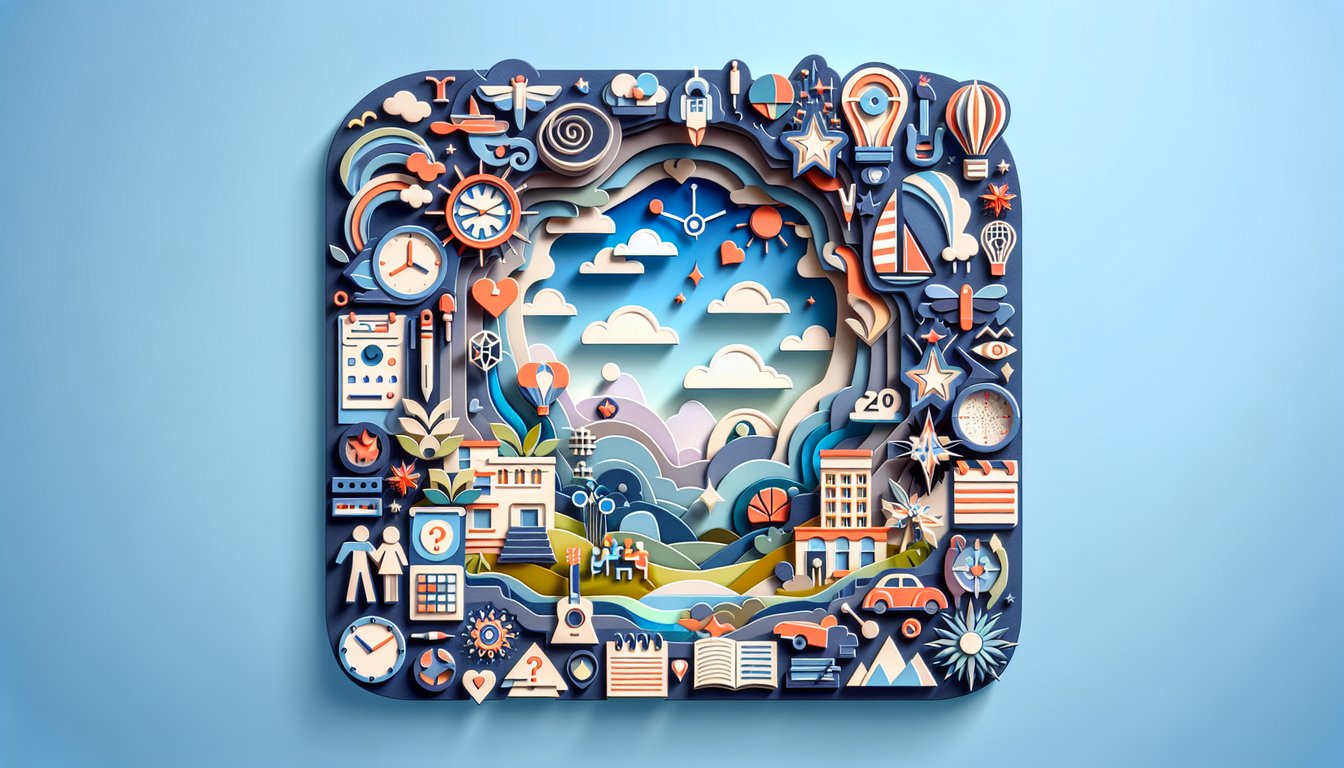 Paper art question marks and icons on sky blue background inviting quiz takers to answer 20 personality questions