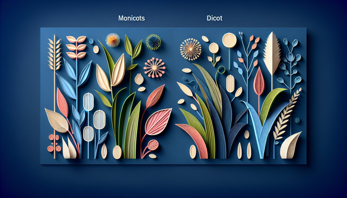 Paper art illustration of seeds roots and leaves highlighting monocot versus dicot traits on dark blue background