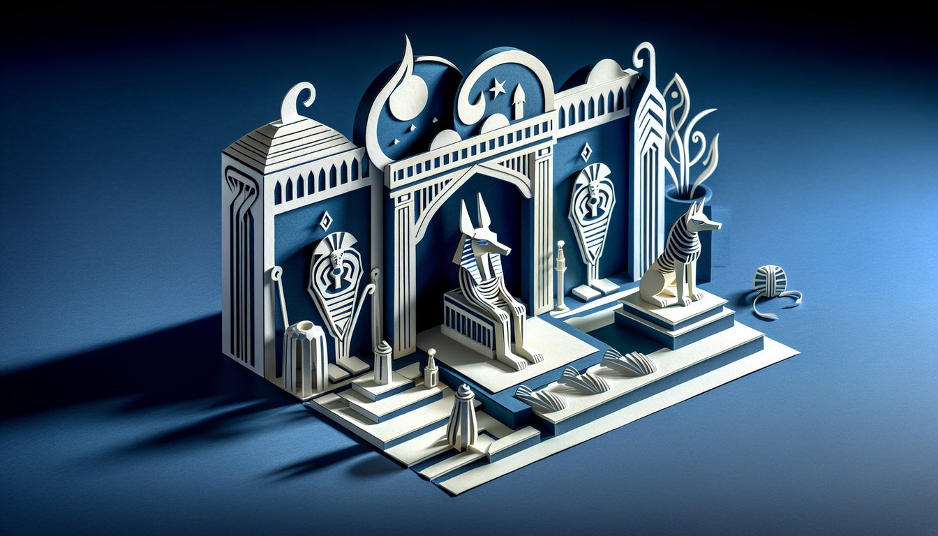 Paper art illustration for House and Anubis trivia quiz on dark blue background