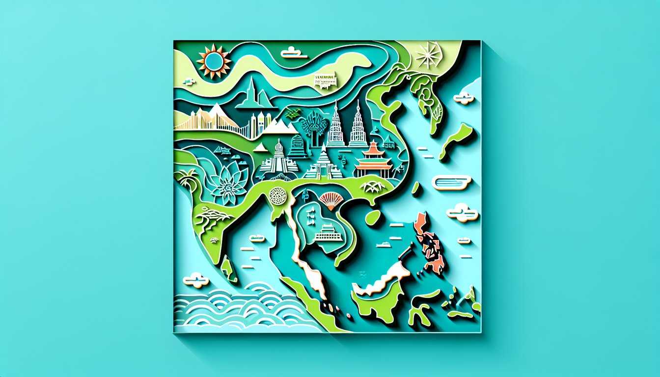 Paper art illustration for East Southeast Asia Map Quiz on a teal background