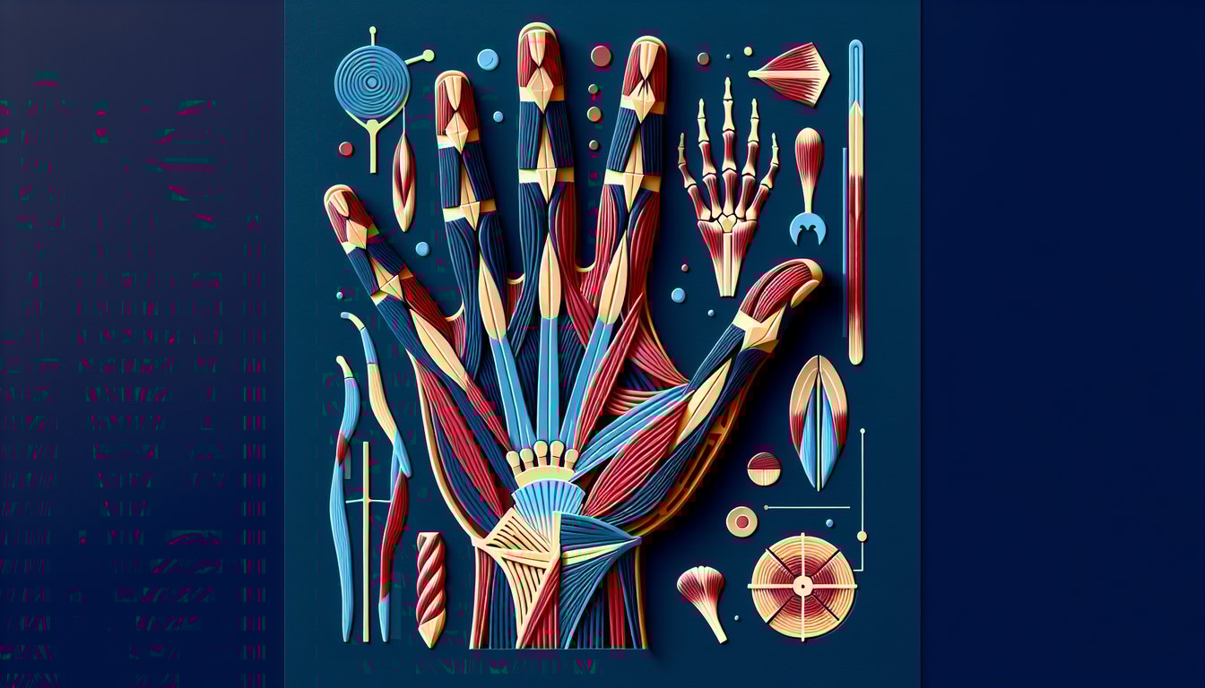 Paper art illustration for hand and wrist muscles anatomy quiz on dark blue background