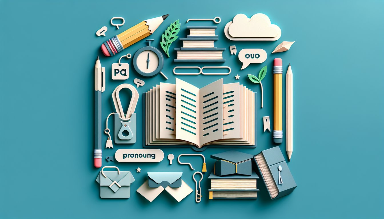 Paper art illustration for a pronoun reference skills quiz on a teal background