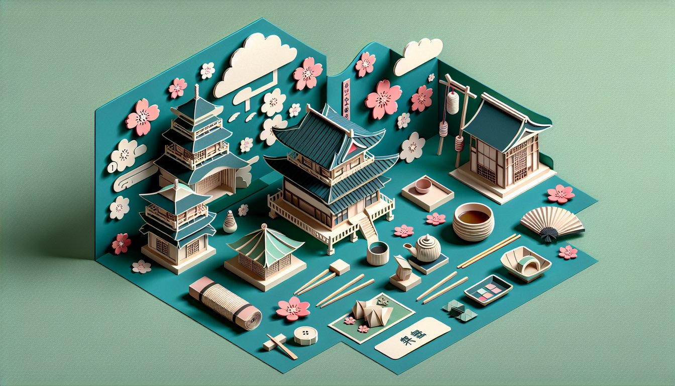 Paper art collage illustrating N5 Japanese particle practice quiz elements on teal background with layered paper cut design