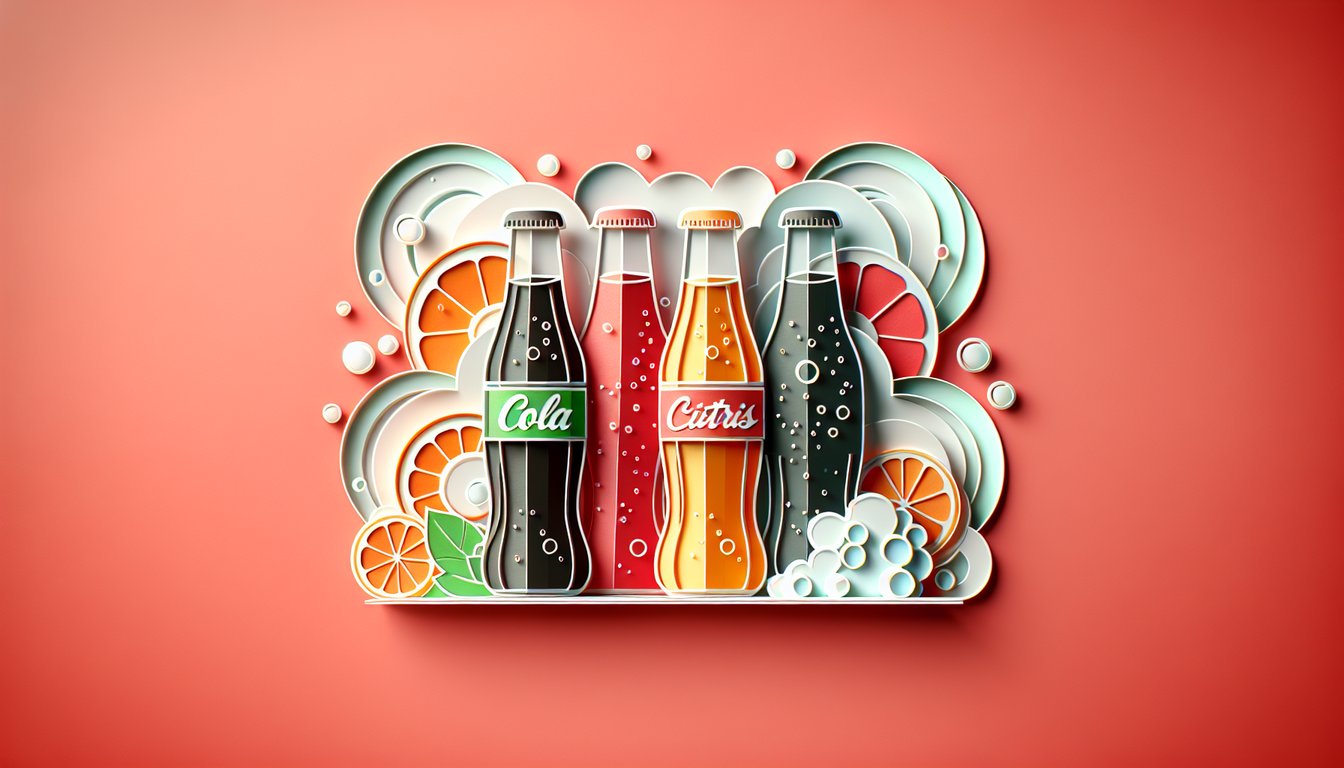 paper art illustration of soda bottles and cans in bright colors showing cola citrus and cream soda on a coral background
