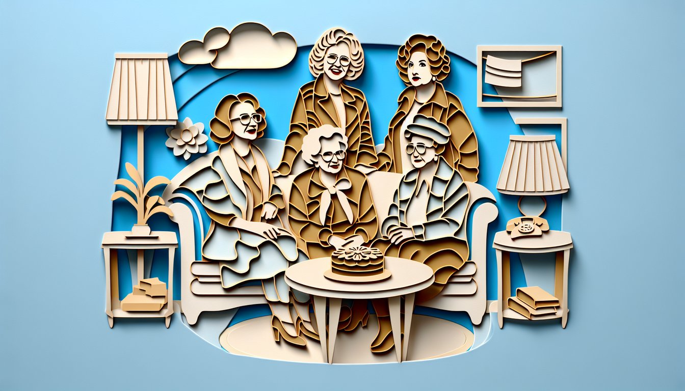 Golden Girls trivia quiz paper art illustration on a sky blue background